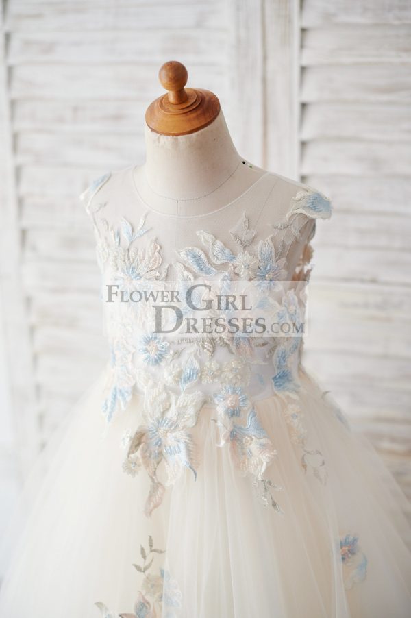 Champagne Tulle Beaded Lace V Back Wedding Flower Girl Dress - Image 3