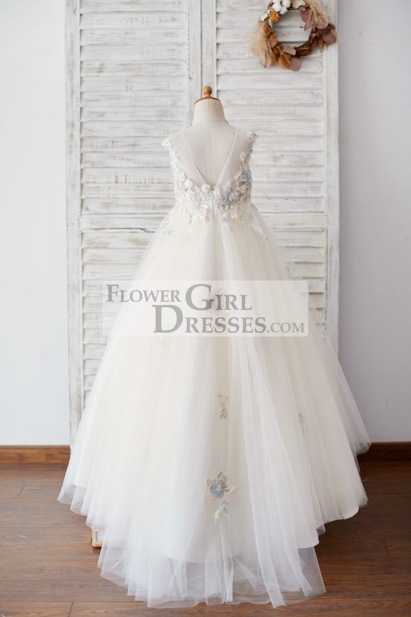 Champagne Tulle Beaded Lace V Back Wedding Flower Girl Dress - Image 2