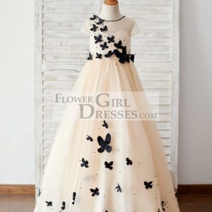 Champagne Tulle Cap Sleeves Wedding Flower Girl Dress, Black Butterflies