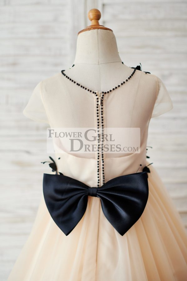 Champagne Tulle Cap Sleeves Wedding Flower Girl Dress, Black Butterflies - Image 4