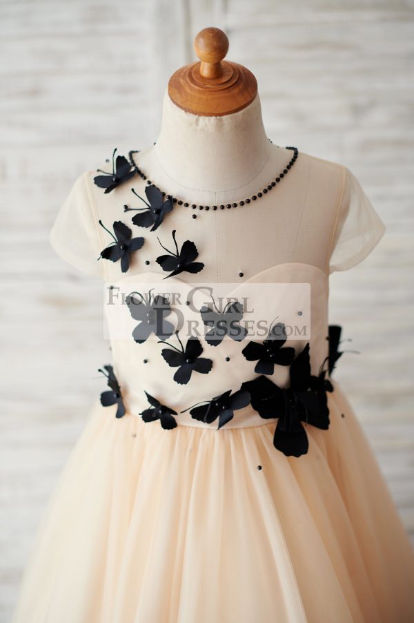Champagne Tulle Cap Sleeves Wedding Flower Girl Dress, Black Butterflies - Image 3