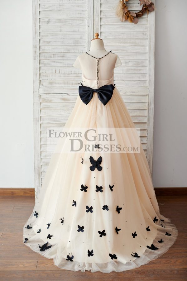 Champagne Tulle Cap Sleeves Wedding Flower Girl Dress, Black Butterflies - Image 2