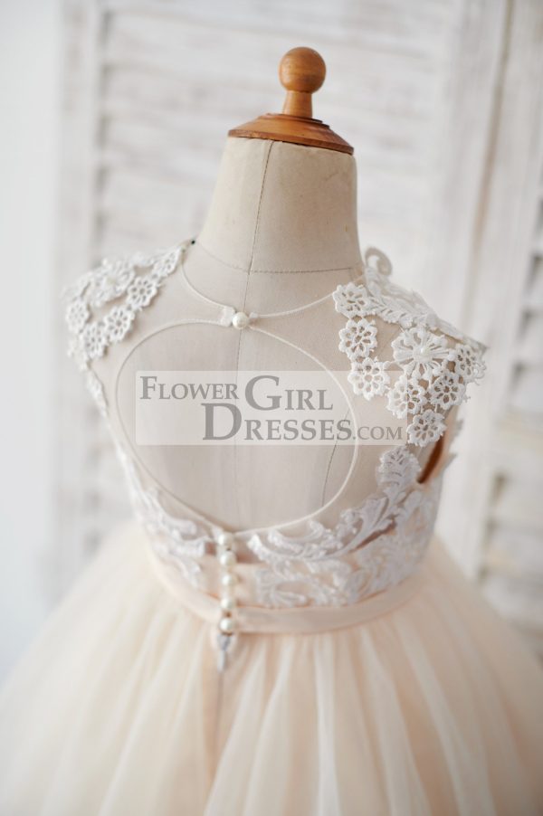 Champagne Tulle Ivory Lace Keyhole Back Wedding Flower Girl Dress - Image 4