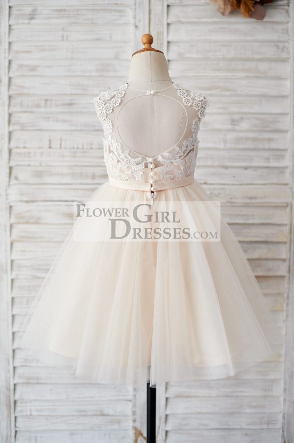 Champagne Tulle Ivory Lace Keyhole Back Wedding Flower Girl Dress - Image 2