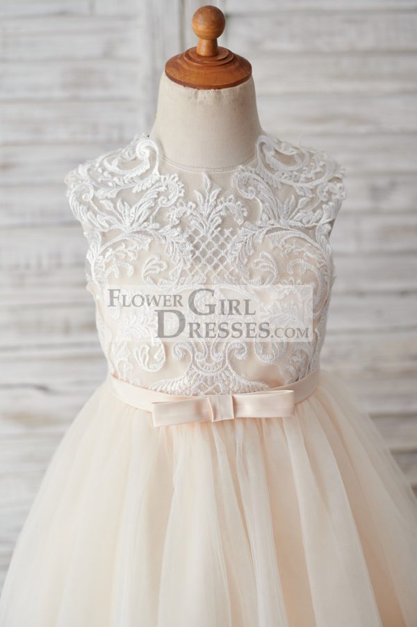Champagne Tulle Ivory Lace Keyhole Back Wedding Flower Girl Dress - Image 3