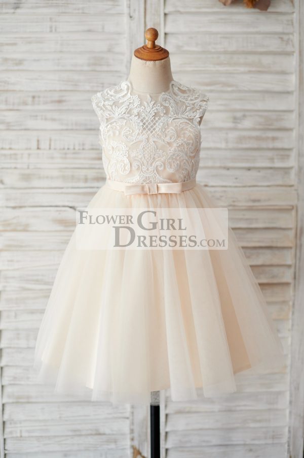 Champagne Tulle Ivory Lace Keyhole Back Wedding Flower Girl Dress