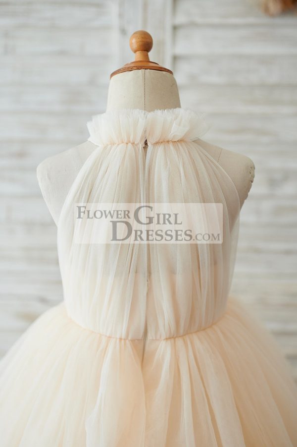 Cupcake Champagne Tulle Halter Neck Floor Length Wedding Flower Girl Dress - Image 4