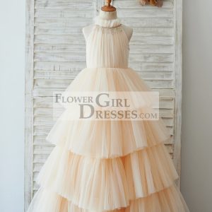 Cupcake Champagne Tulle Halter Neck Floor Length Wedding Flower Girl Dress