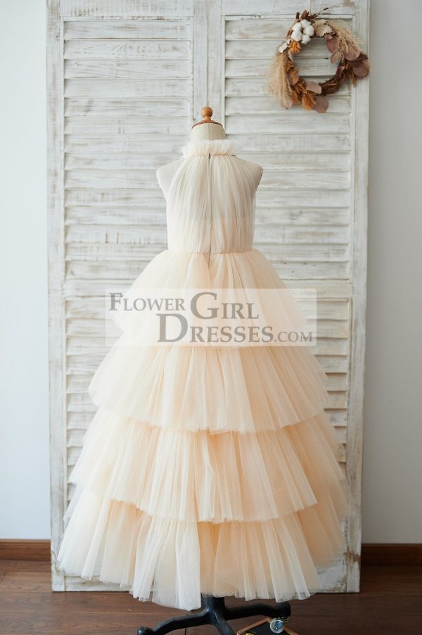 Cupcake Champagne Tulle Halter Neck Floor Length Wedding Flower Girl Dress - Image 2