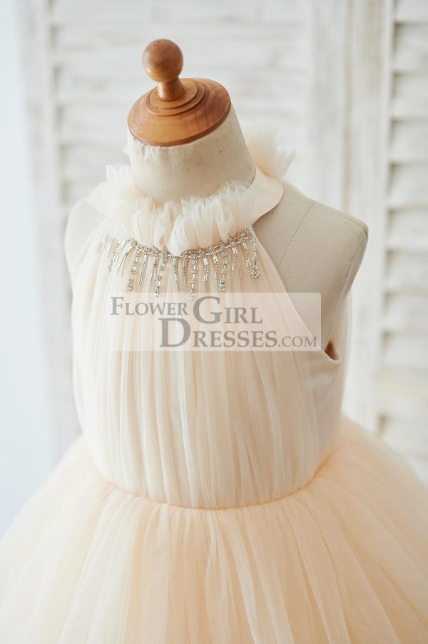 Cupcake Champagne Tulle Halter Neck Floor Length Wedding Flower Girl Dress - Image 3