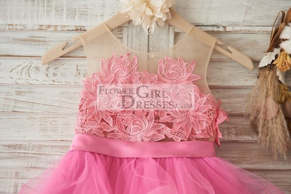 Cupcake Fuchsia Lace Tulle Sheer Neck Horsehair Wedding Flower Girl Dress - Image 3