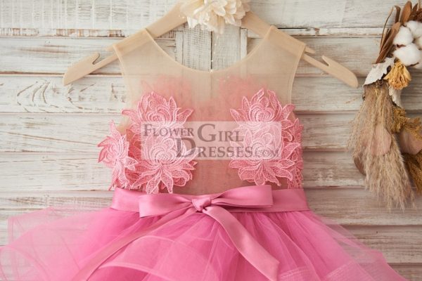 Cupcake Fuchsia Lace Tulle Sheer Neck Horsehair Wedding Flower Girl Dress - Image 4
