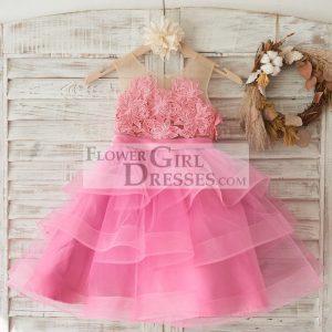 Cupcake Fuchsia Lace Tulle Sheer Neck Horsehair Wedding Flower Girl Dress
