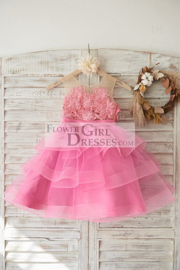 Cupcake Fuchsia Lace Tulle Sheer Neck Horsehair Wedding Flower Girl Dress