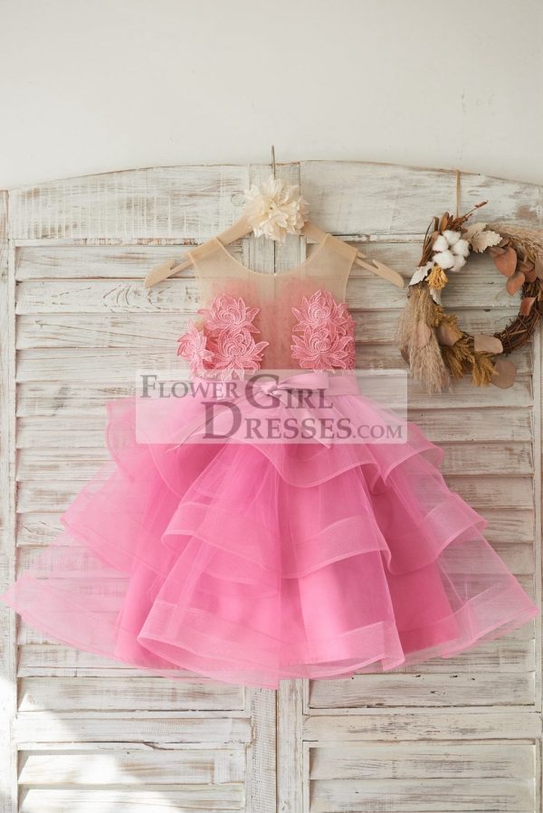 Cupcake Fuchsia Lace Tulle Sheer Neck Horsehair Wedding Flower Girl Dress - Image 2