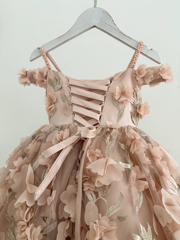 Ball Gown 3D Floral Pink Lace Tulle Floor Length Wedding Party Flower Girl Dress - Image 4
