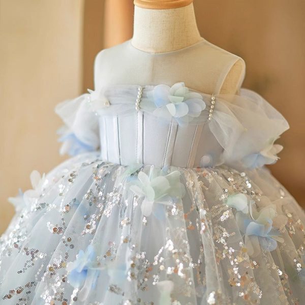 Ball Gown Sheer Off Shoulder Sequined Light Blue Tulle Wedding Flower Girl Dress - Image 4