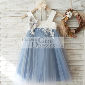 Princess Dusty Blue Tulle Beaded Lace Straps Wedding Flower Girl Dress