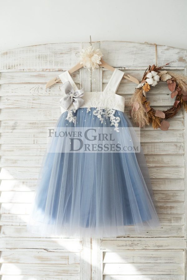 Princess Dusty Blue Tulle Beaded Lace Straps Wedding Flower Girl Dress