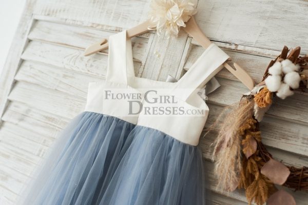 Princess Dusty Blue Tulle Beaded Lace Straps Wedding Flower Girl Dress - Image 4