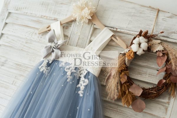 Princess Dusty Blue Tulle Beaded Lace Straps Wedding Flower Girl Dress - Image 3