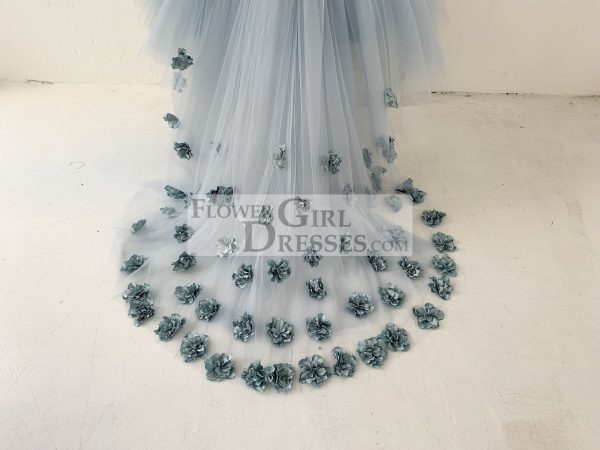 Dusty Blue Tulle Hi-Low Wedding Flower Girl Dress Kids Party Dress, Sweep Train - Image 6