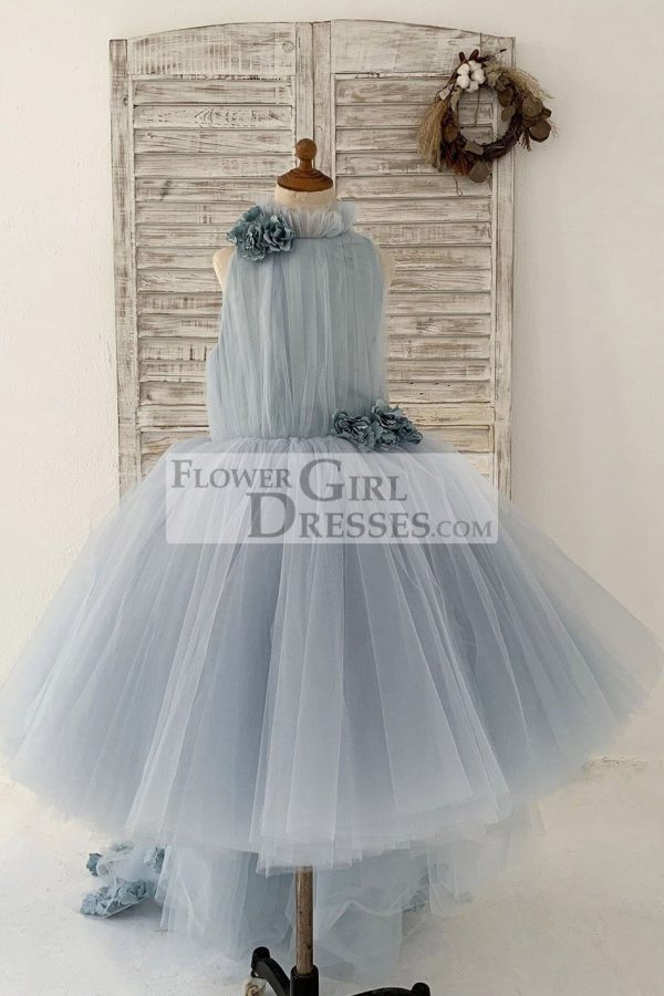 Dusty Blue Tulle Hi-Low Wedding Flower Girl Dress Kids Party Dress, Sweep Train - Image 2
