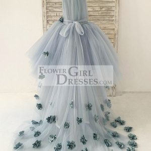 Dusty Blue Tulle Hi-Low Wedding Flower Girl Dress Kids Party Dress, Sweep Train