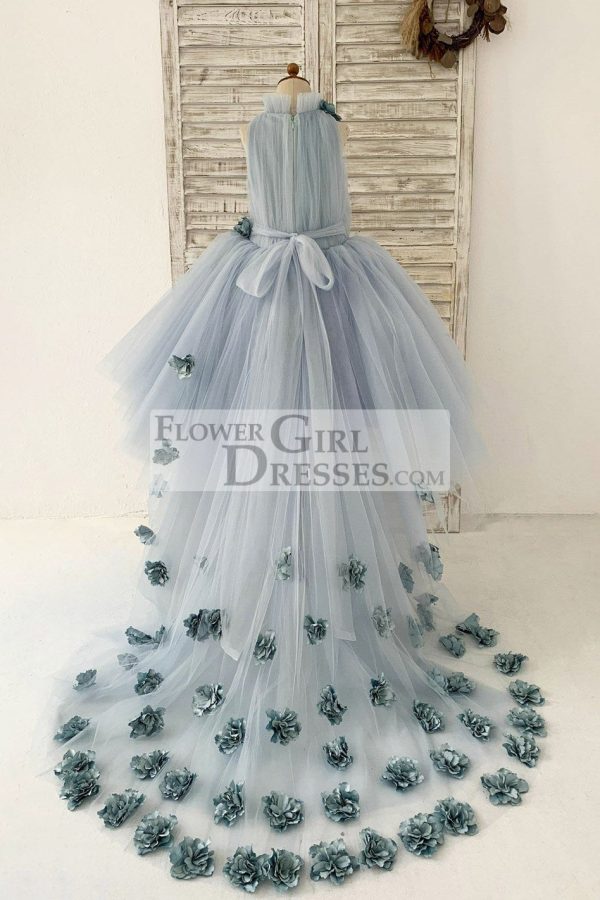 Dusty Blue Tulle Hi-Low Wedding Flower Girl Dress Kids Party Dress, Sweep Train