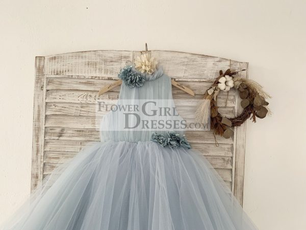 Dusty Blue Tulle Hi-Low Wedding Flower Girl Dress Kids Party Dress, Sweep Train - Image 5