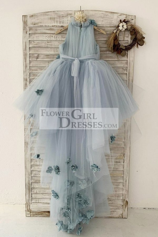 Dusty Blue Tulle Hi-Low Wedding Flower Girl Dress Kids Party Dress, Sweep Train - Image 4