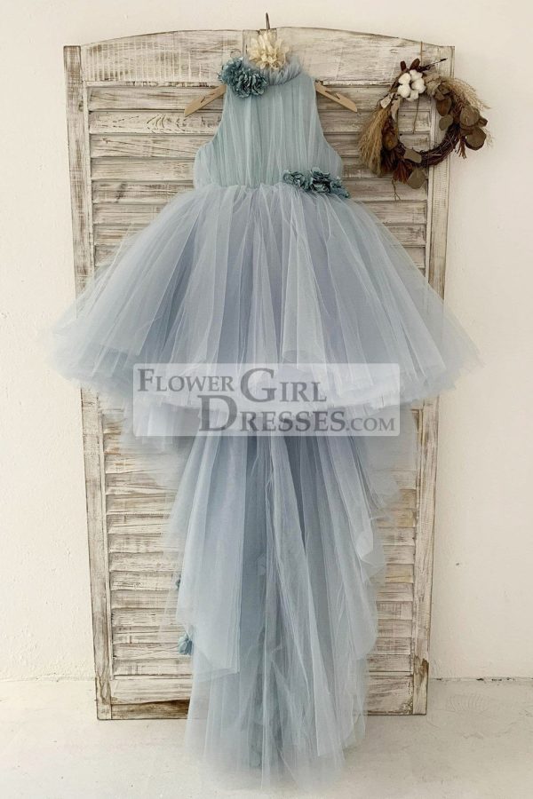 Dusty Blue Tulle Hi-Low Wedding Flower Girl Dress Kids Party Dress, Sweep Train - Image 3