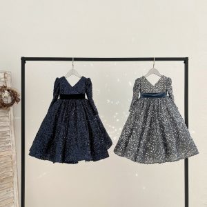 Ball Gown Long Sleeve V Neck Knee Length Sequin Kids Party Flower Girl Dress
