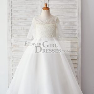 Elbow Sleeves Beaded Neoprene Tulle Wedding Flower Girl Dress, Bow