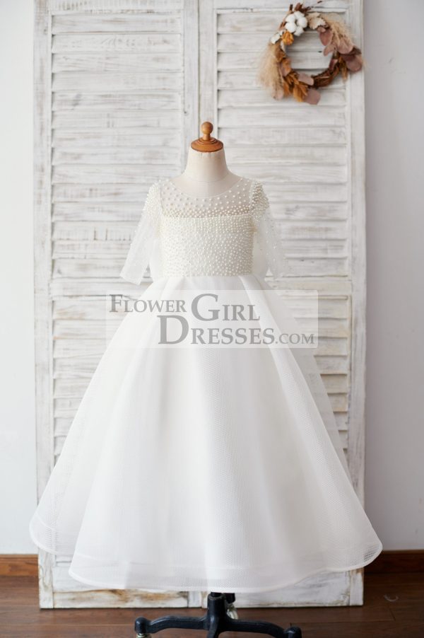 Elbow Sleeves Beaded Neoprene Tulle Wedding Flower Girl Dress, Bow