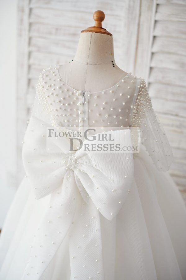 Elbow Sleeves Beaded Neoprene Tulle Wedding Flower Girl Dress, Bow - Image 4