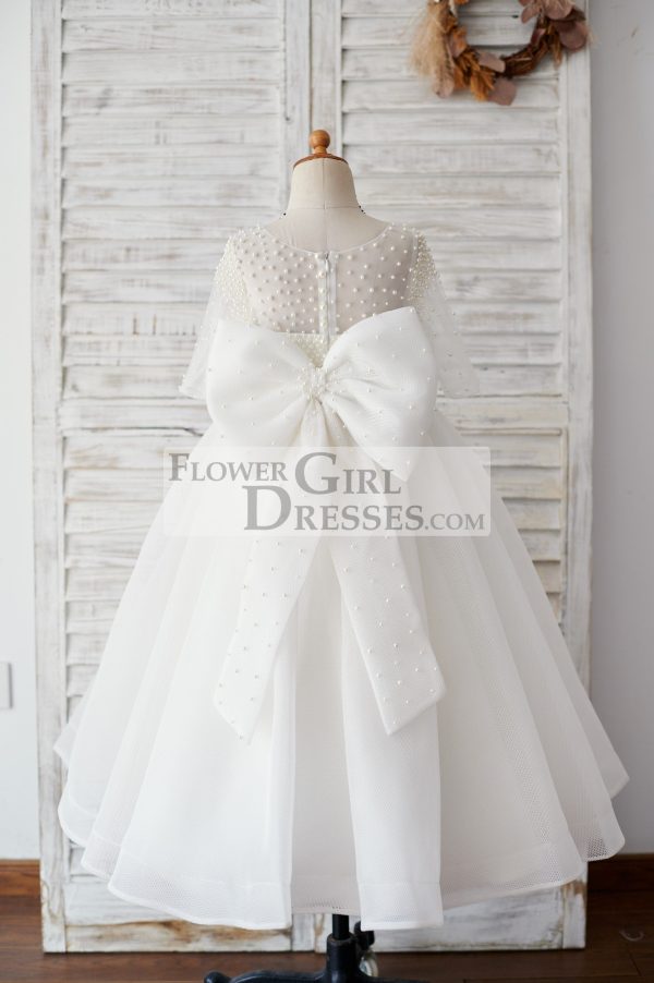 Elbow Sleeves Beaded Neoprene Tulle Wedding Flower Girl Dress, Bow - Image 2