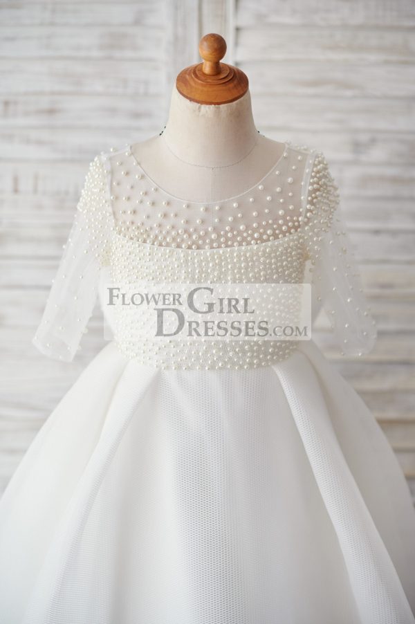 Elbow Sleeves Beaded Neoprene Tulle Wedding Flower Girl Dress, Bow - Image 3