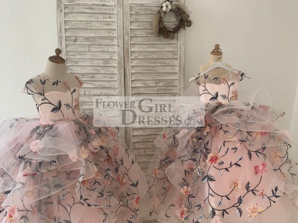 Embroidery Lace Tulle Cap Sleeves Keyhole Back Wedding Flower Girl Dress - Image 4