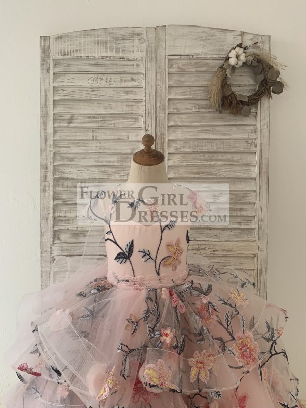 Embroidery Lace Tulle Cap Sleeves Keyhole Back Wedding Flower Girl Dress - Image 6