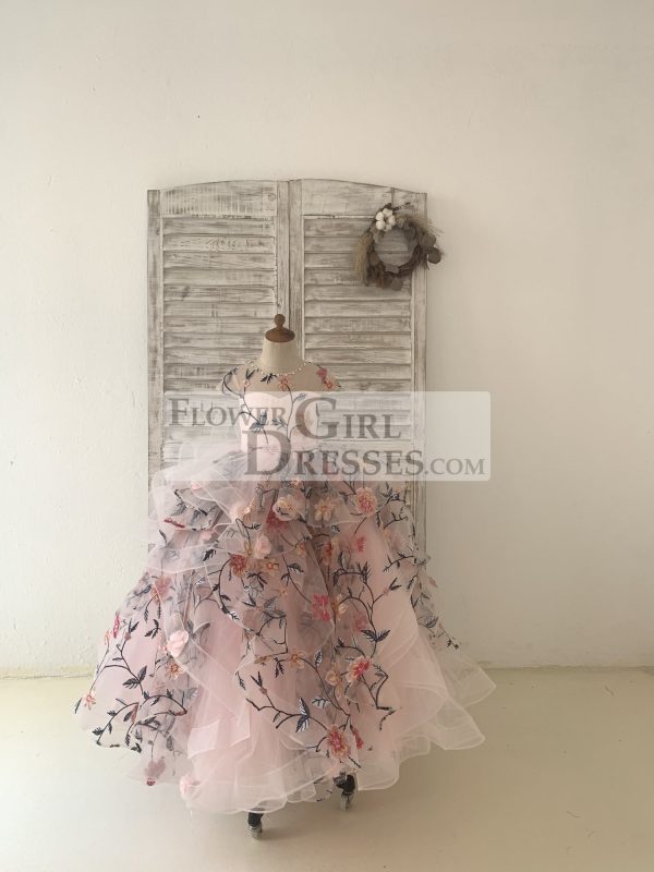 Embroidery Lace Tulle Cap Sleeves Keyhole Back Wedding Flower Girl Dress - Image 3