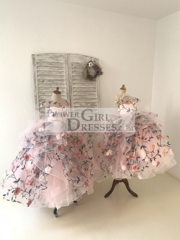 Embroidery Lace Tulle Cap Sleeves Keyhole Back Wedding Flower Girl Dress