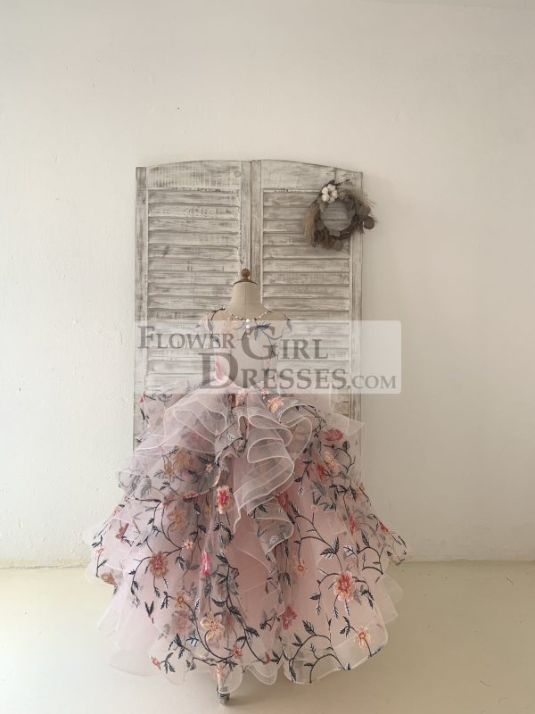Embroidery Lace Tulle Cap Sleeves Keyhole Back Wedding Flower Girl Dress - Image 2