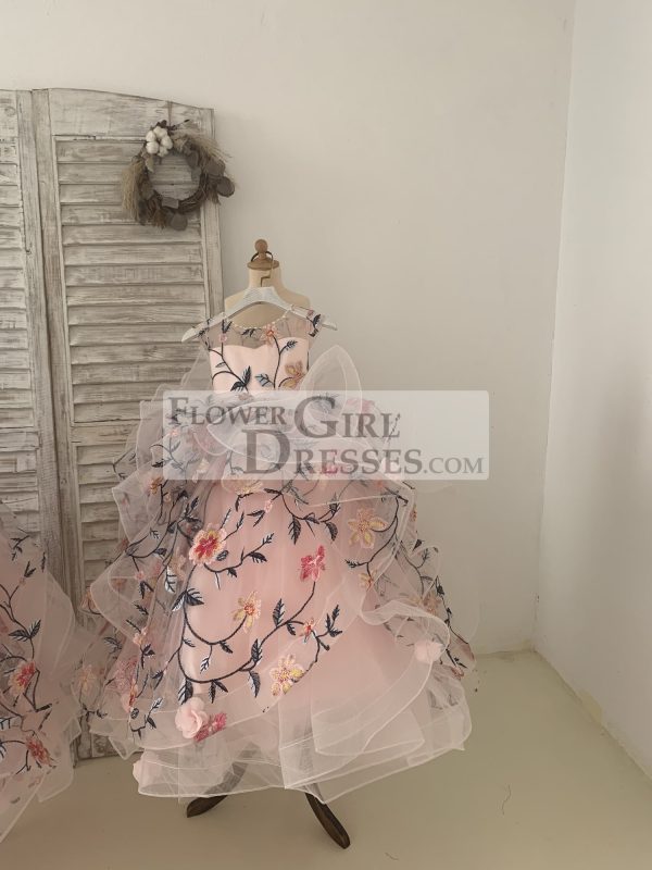 Embroidery Lace Tulle Cap Sleeves Keyhole Back Wedding Flower Girl Dress - Image 5