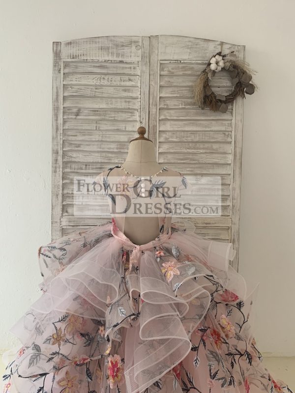 Embroidery Lace Tulle Cap Sleeves Keyhole Back Wedding Flower Girl Dress - Image 7