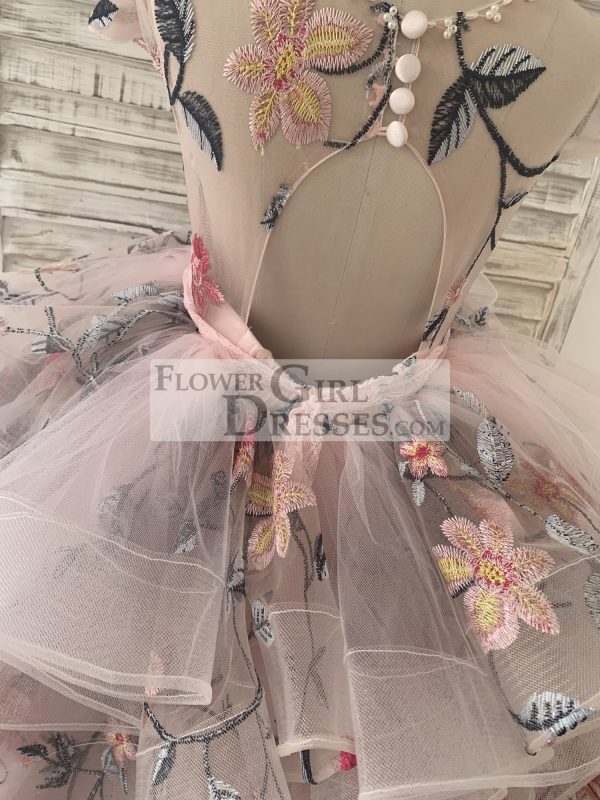 Embroidery Lace Tulle Cap Sleeves Keyhole Back Wedding Flower Girl Dress - Image 8