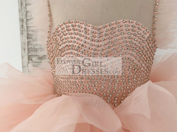 Fluffy Sleeves Beaded Peach Tulle Organza Wedding Flower Girl Dress Kids Party - Image 4