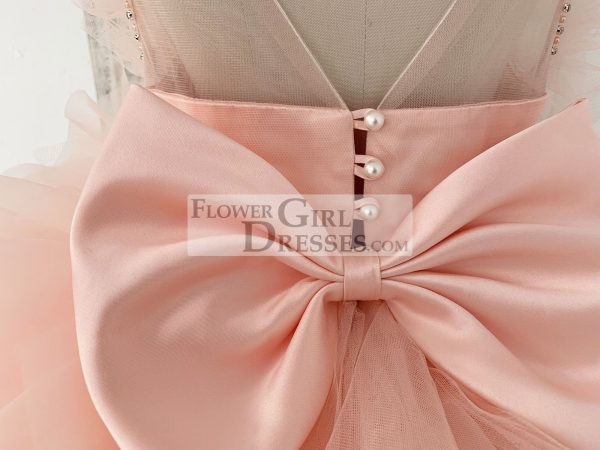 Fluffy Sleeves Beaded Peach Tulle Organza Wedding Flower Girl Dress Kids Party - Image 6