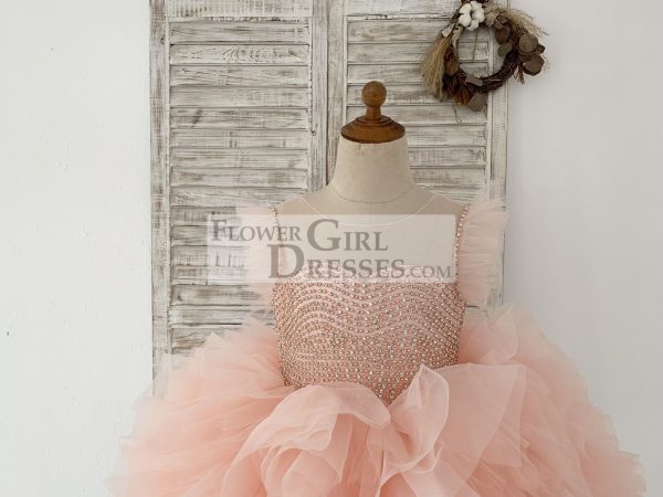 Fluffy Sleeves Beaded Peach Tulle Organza Wedding Flower Girl Dress Kids Party - Image 3