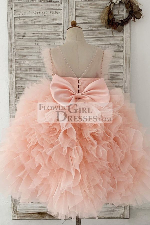 Fluffy Sleeves Beaded Peach Tulle Organza Wedding Flower Girl Dress Kids Party - Image 2